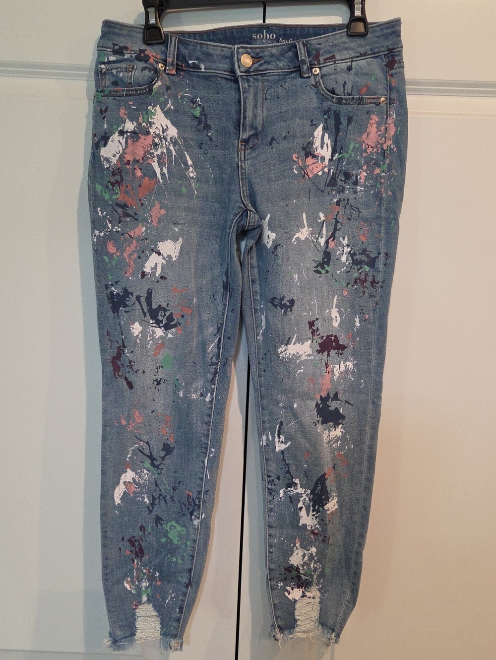 Soho Blue Denim Skinny Jeans with Multicolor Paint Splatters